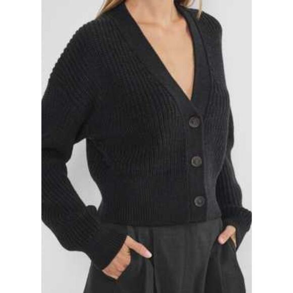 Babaton Merino Wool Cropped Cardigan Sweater 2XS Black Y2K Button Up Ribbed - Picture 1 of 11